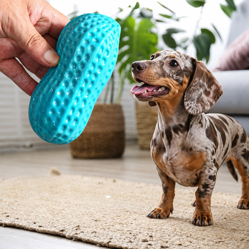 Dachshund Peanut Chew Toy™ | Squeaky Dental Chew for Healthy Teeth & Endless Play