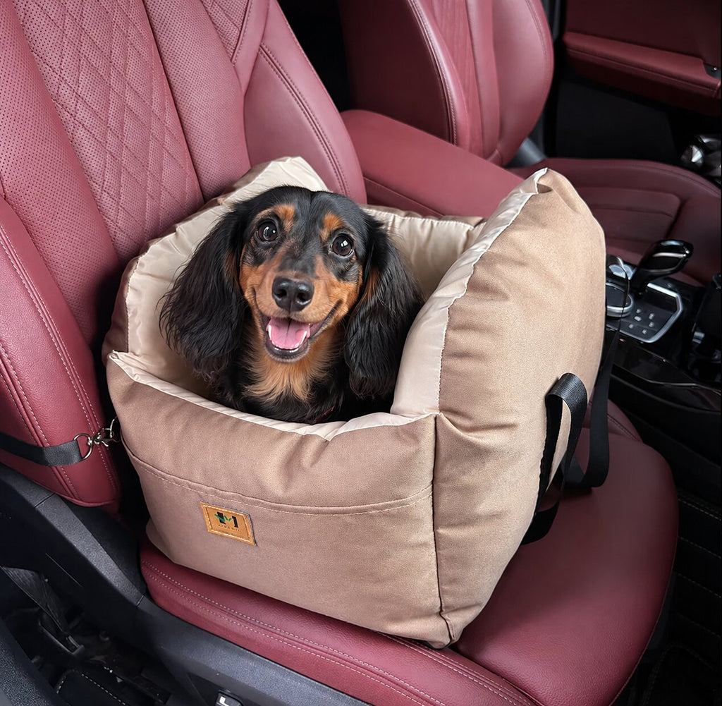 Luxury Car Booster Seat for Dachshunds | Soft Travel Bed with Safety Belt & Washable Cushion