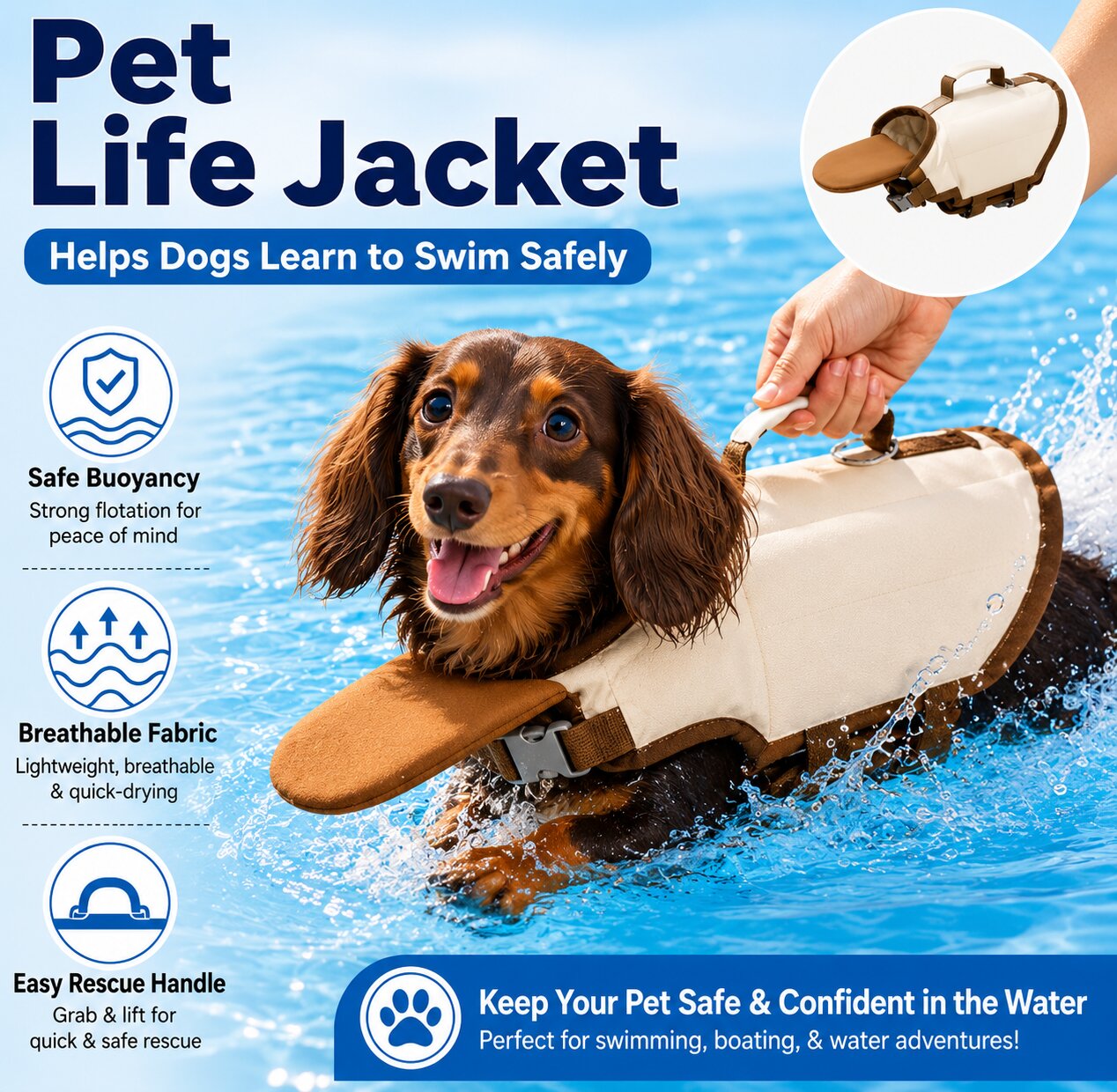Premium Dachshund Dog Life Jacket with Rescue Handle – Adjustable Swim Vest with Chin Float