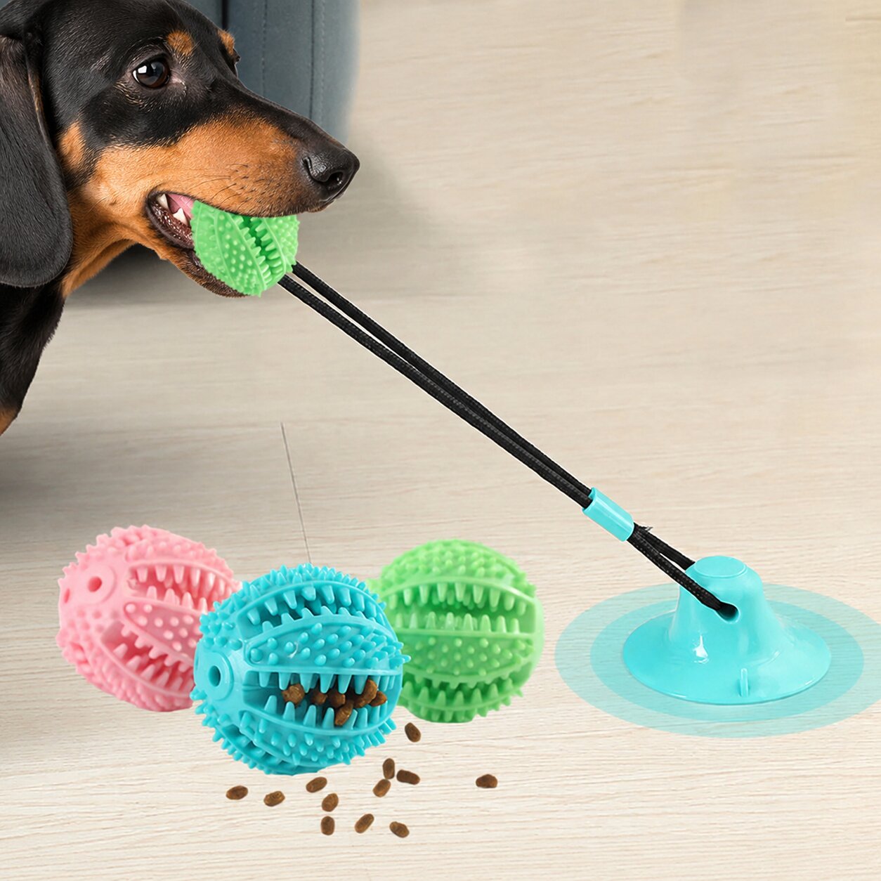 Interactive Suction Cup Toy for Dachshunds – Treat Dispensing Rubber Tug Toy with Squeaky Ball for Mental Stimulation