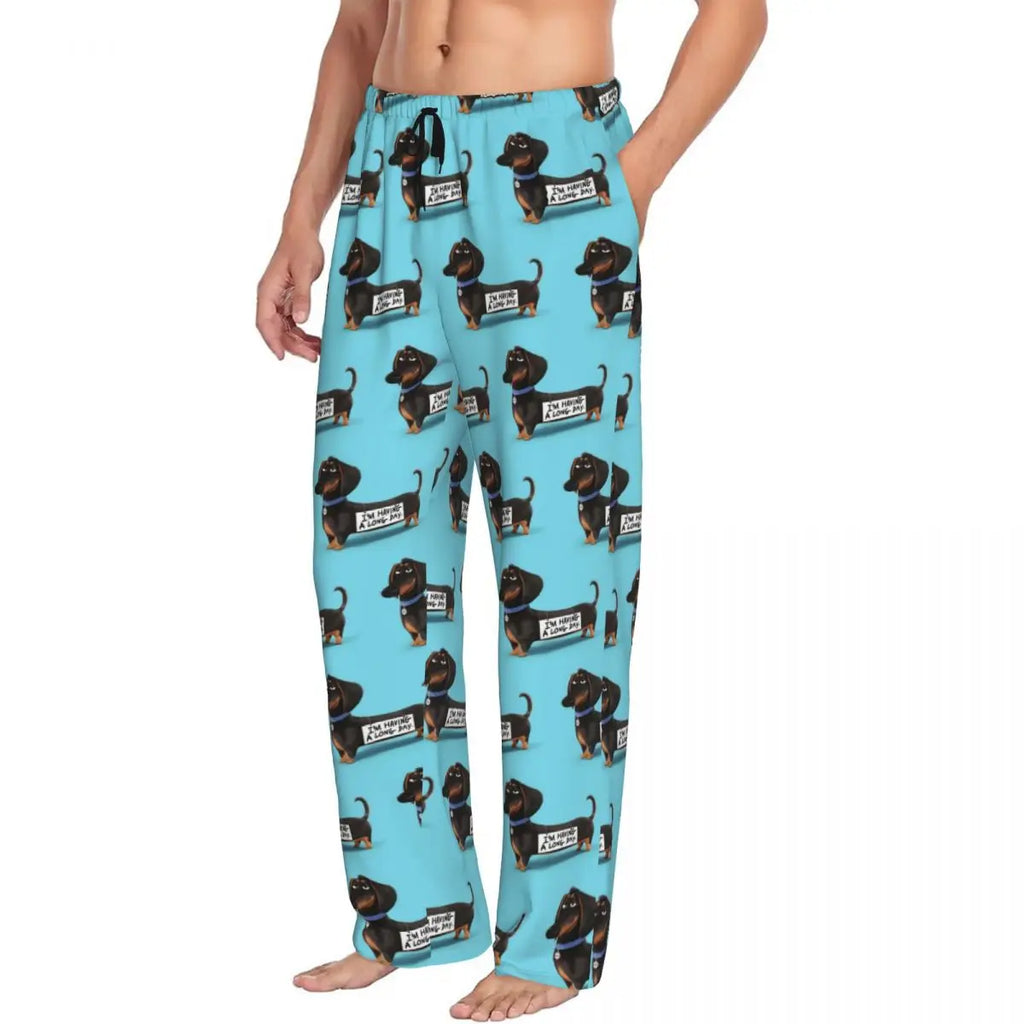 Custom Printed Men's Dachshund Dog Funny Pupy Pajama Pants Wiener Badger Sausage Dog Sleepwear Sleep Lounge Bottoms with Pockets