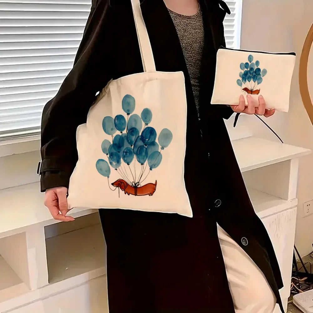 Dachshund Canvas Tote Bag Set – Large Capacity Shoulder Bags for Dog Lovers