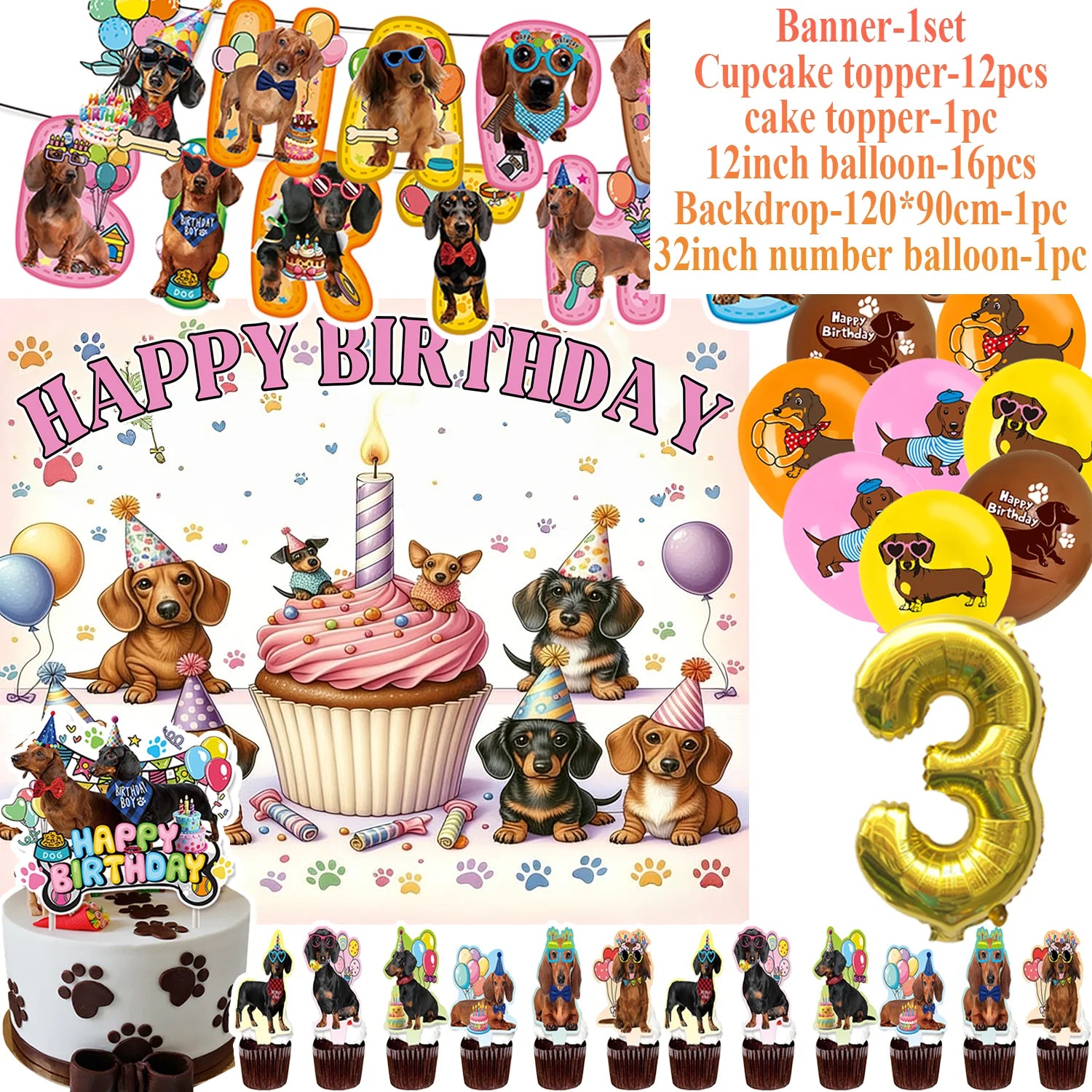 Ultimate Dachshund Birthday Party Kit – Balloons, Cake Toppers & Decorations for Sausage Dog Lovers