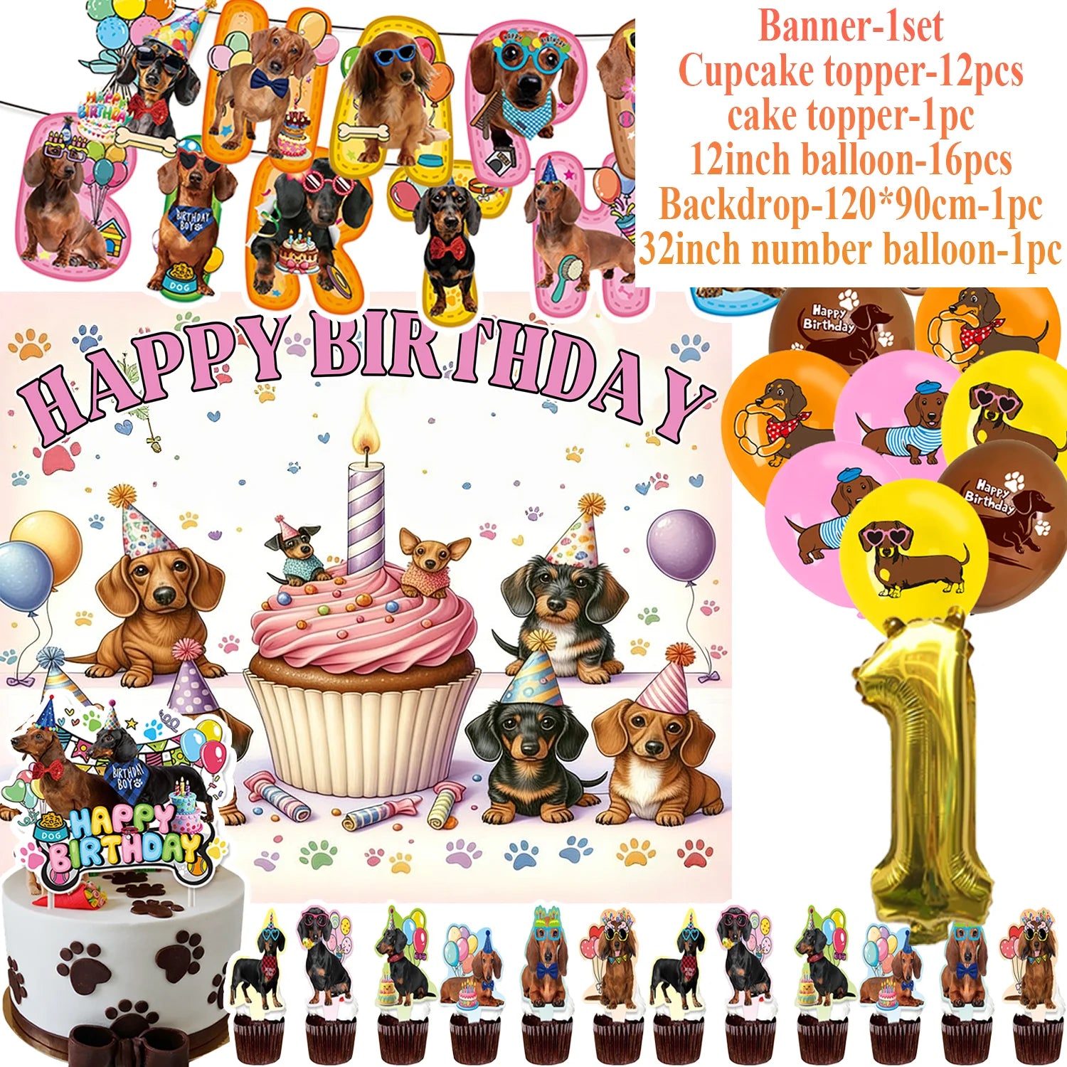 Ultimate Dachshund Birthday Party Kit – Balloons, Cake Toppers & Decorations for Sausage Dog Lovers