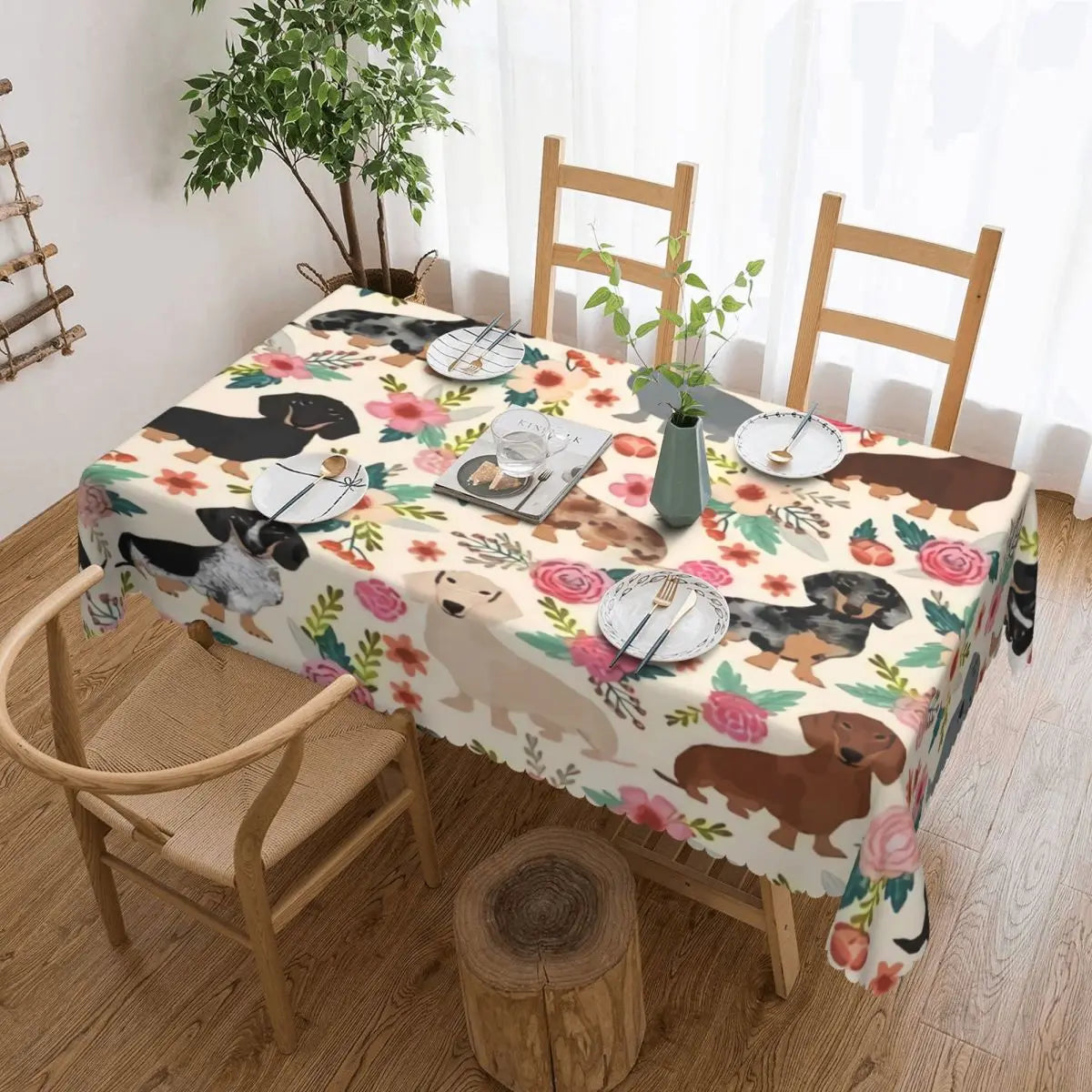 Rectangular Couple Dachshund Dog Pattern With Heart Table Cloth Waterproof Tablecloth Outdoor Table Cover