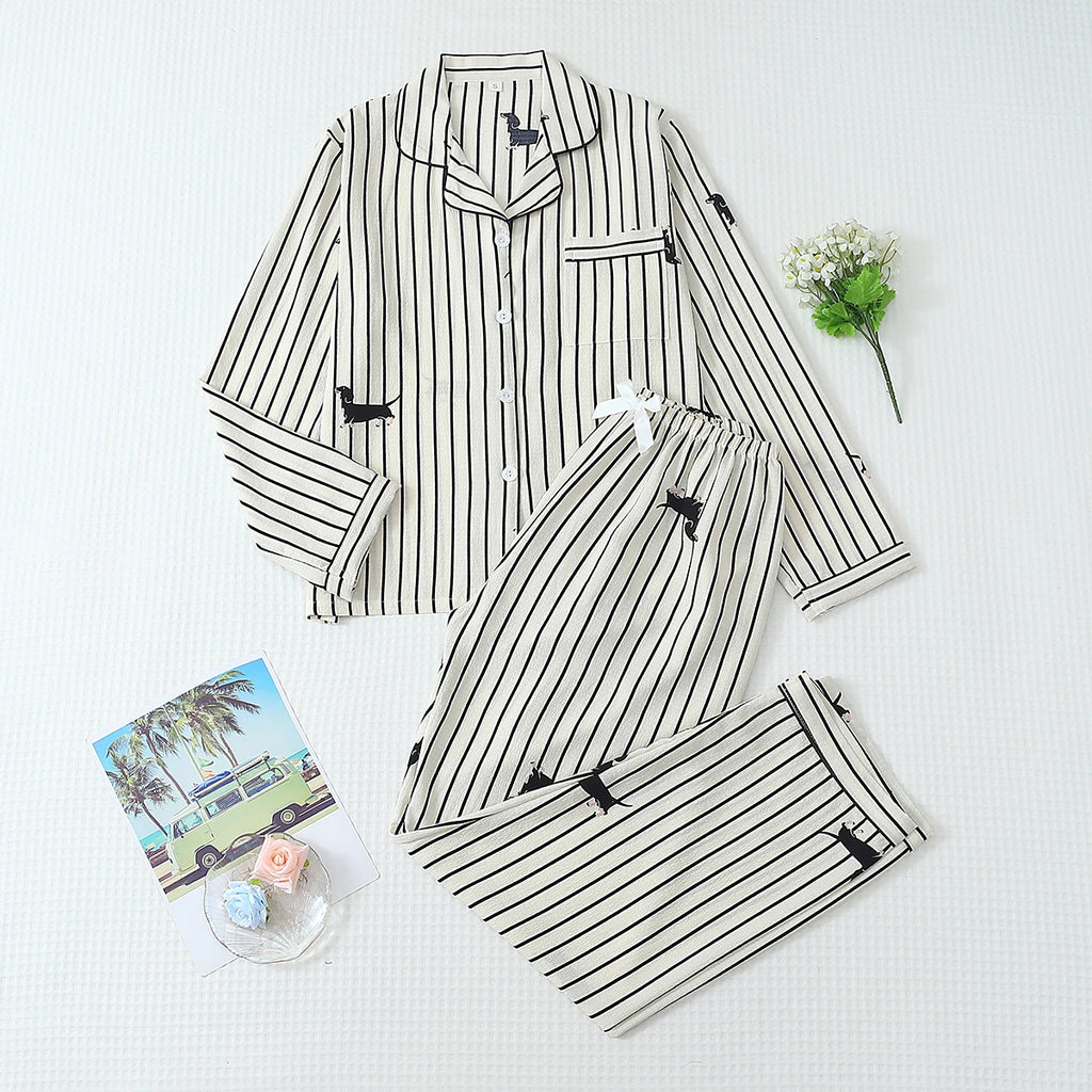 Two-Piece Women's Striped Dachshund Print Pajama Set with Long-Sleeved Button-Down Lapel Top and Long Pants, Casual Sleepwear Loungewear Set Suitable for Home Use