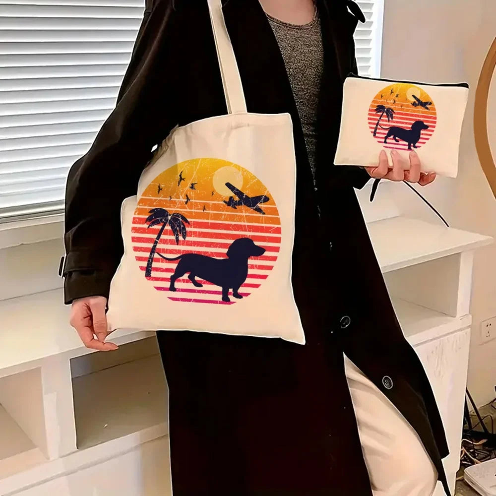 Dachshund Canvas Tote Bag Set – Large Capacity Shoulder Bags for Dog Lovers
