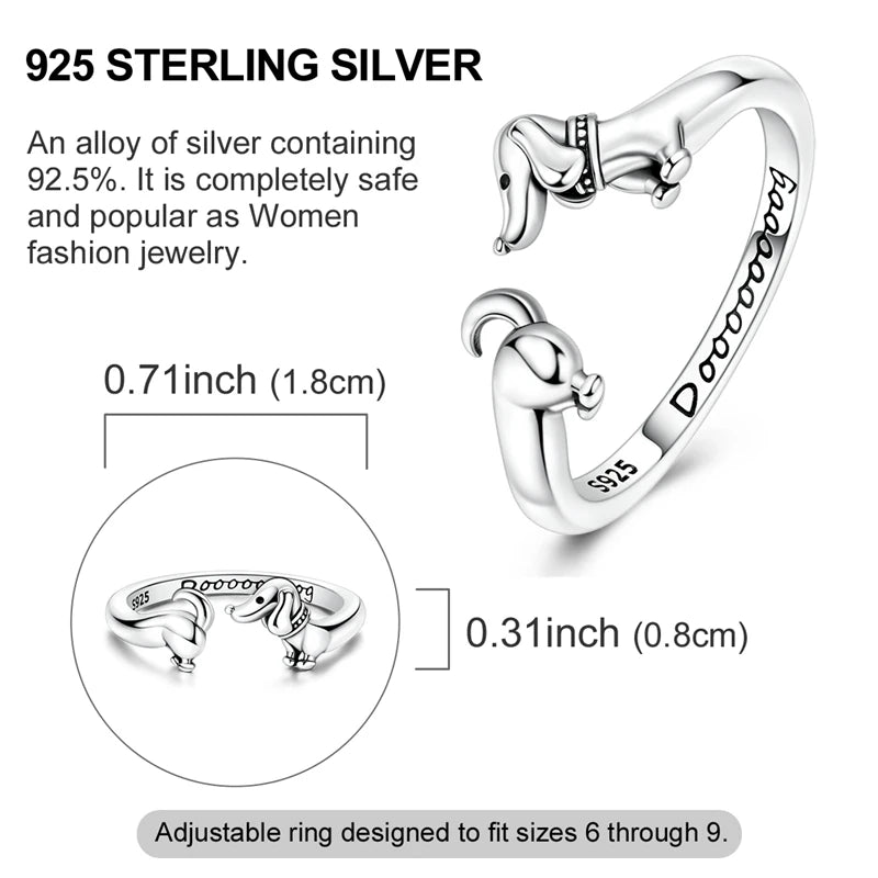 Original 925 Sterling Silver Dachshund 925 Sterling Silver Dachshund Ring | Adjustable Open Ring for Dachshund LoversOpen Rings For Women Girls Jewelry Birthday Anniversary Gifts