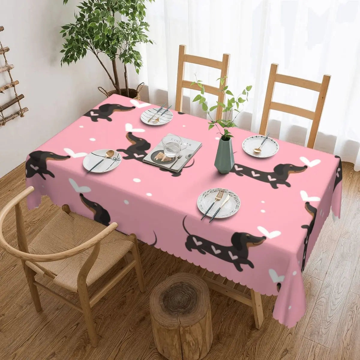 Rectangular Couple Dachshund Dog Pattern With Heart Table Cloth Waterproof Tablecloth Outdoor Table Cover
