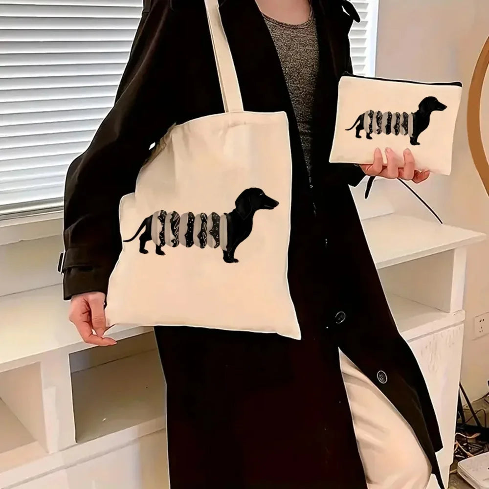 Dachshund Canvas Tote Bag Set – Large Capacity Shoulder Bags for Dog Lovers