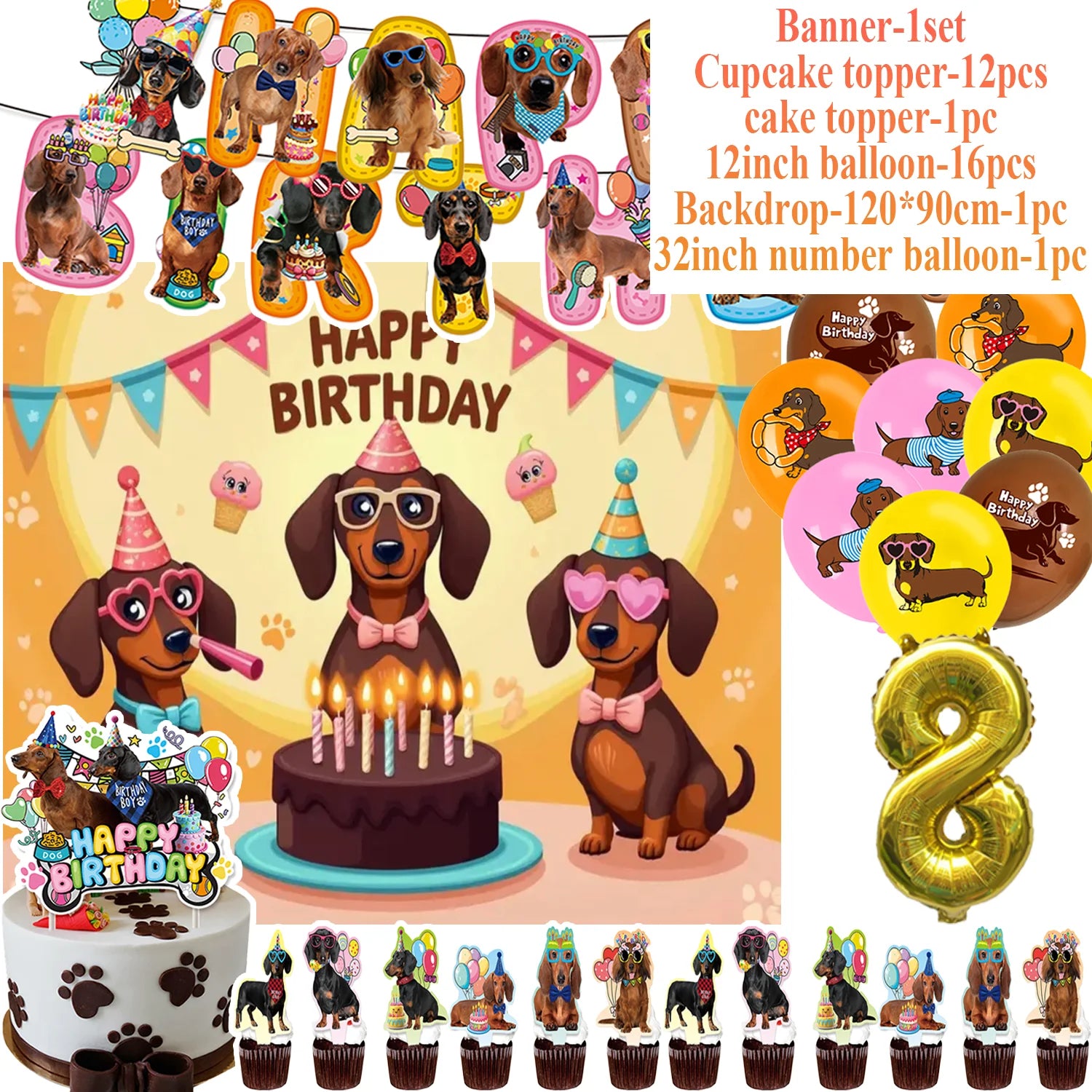 Ultimate Dachshund Birthday Party Kit – Balloons, Cake Toppers & Decorations for Sausage Dog Lovers