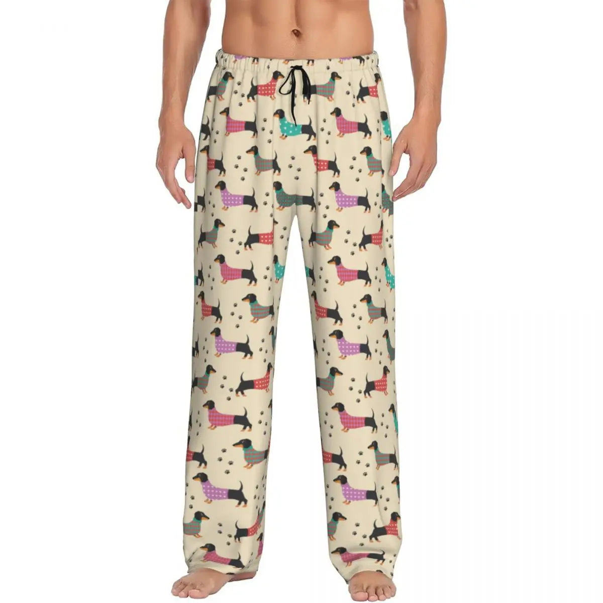 Custom Printed Men's Dachshund Dog Funny Pupy Pajama Pants Wiener Badger Sausage Dog Sleepwear Sleep Lounge Bottoms with Pockets