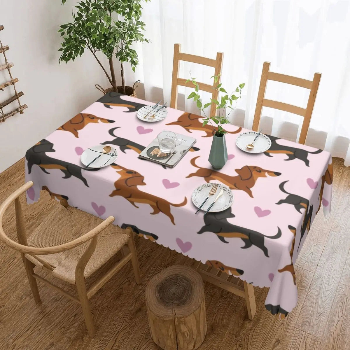 Rectangular Couple Dachshund Dog Pattern With Heart Table Cloth Waterproof Tablecloth Outdoor Table Cover
