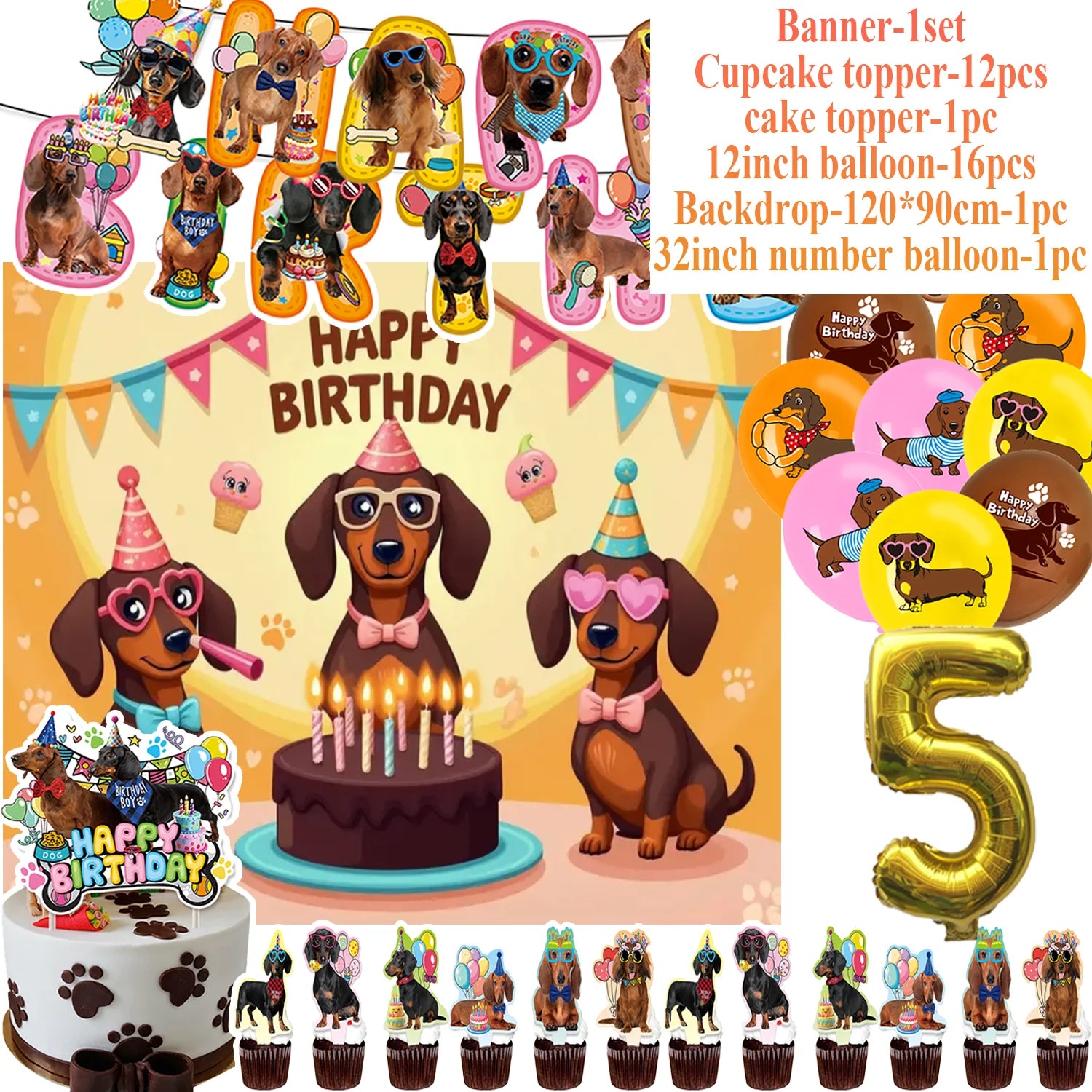 Ultimate Dachshund Birthday Party Kit – Balloons, Cake Toppers & Decorations for Sausage Dog Lovers