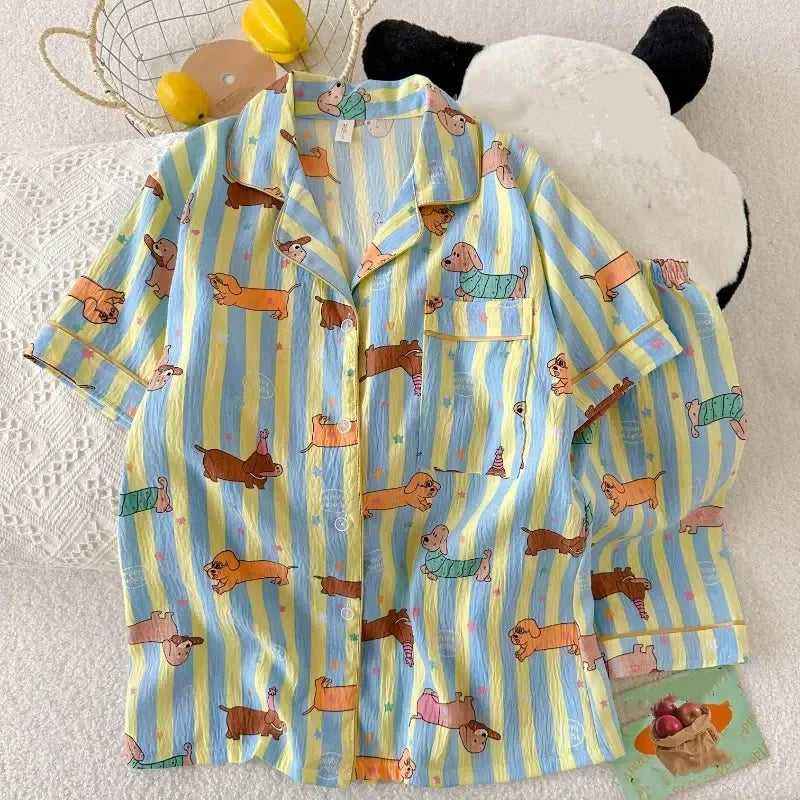 Summer 2026 New Womens PajaCute Dachshund Summer Pajama Set – Soft Short Sleeve Top & Shorts Sleepwear for Dog Loversmas Cute Dachshund Sausage Striped Short Sleeve Tops Shorts Sleepwear Fashion Cute Home Wear