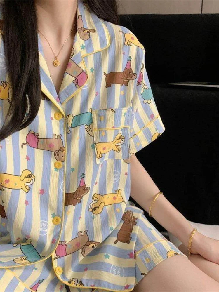 Summer 2026 New Womens PajaCute Dachshund Summer Pajama Set – Soft Short Sleeve Top & Shorts Sleepwear for Dog Loversmas Cute Dachshund Sausage Striped Short Sleeve Tops Shorts Sleepwear Fashion Cute Home Wear