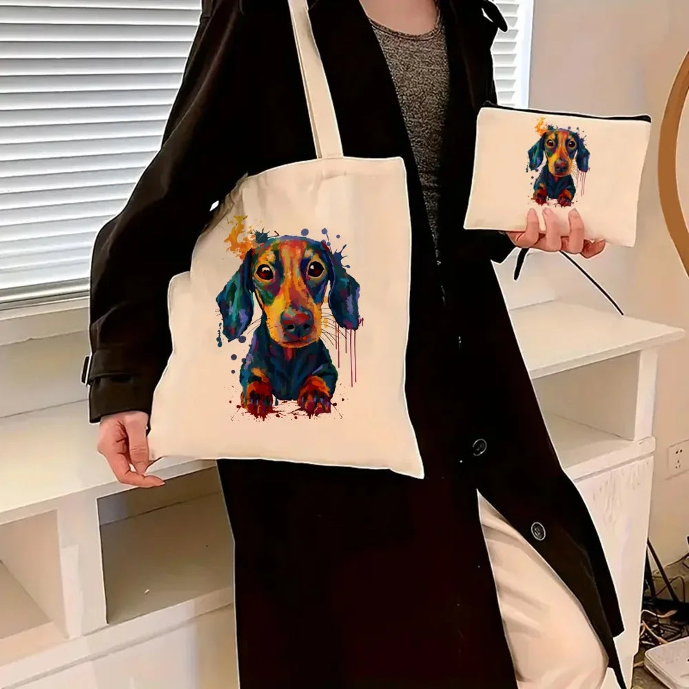 Dachshund Canvas Tote Bag Set – Large Capacity Shoulder Bags for Dog Lovers