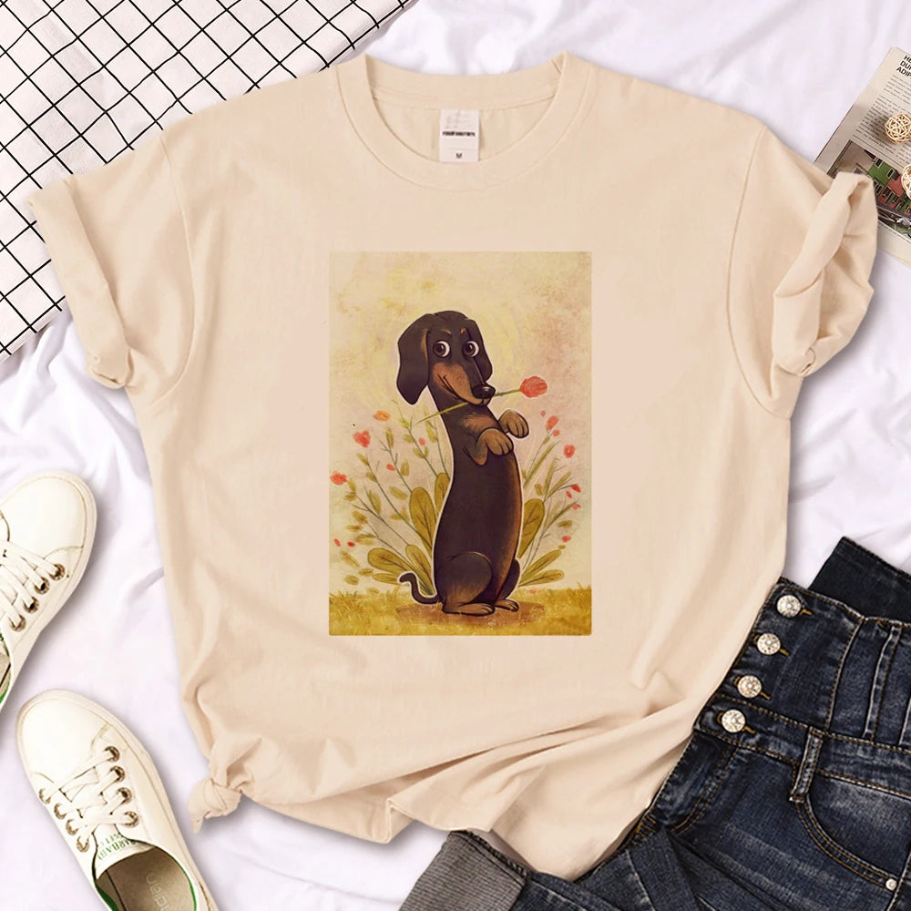 Vintage Dachshund Graphic T-Shirt for Women | Soft Casual Tee for Sausage Dog Lovers