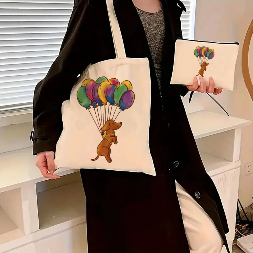 Dachshund Canvas Tote Bag Set – Large Capacity Shoulder Bags for Dog Lovers