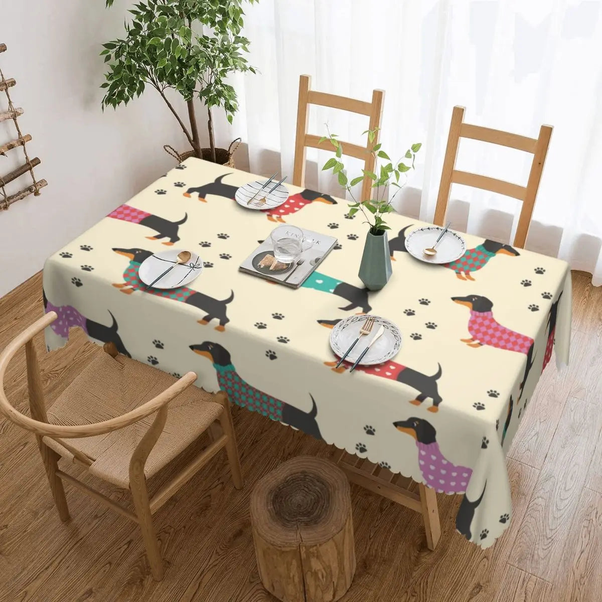 Rectangular Couple Dachshund Dog Pattern With Heart Table Cloth Waterproof Tablecloth Outdoor Table Cover
