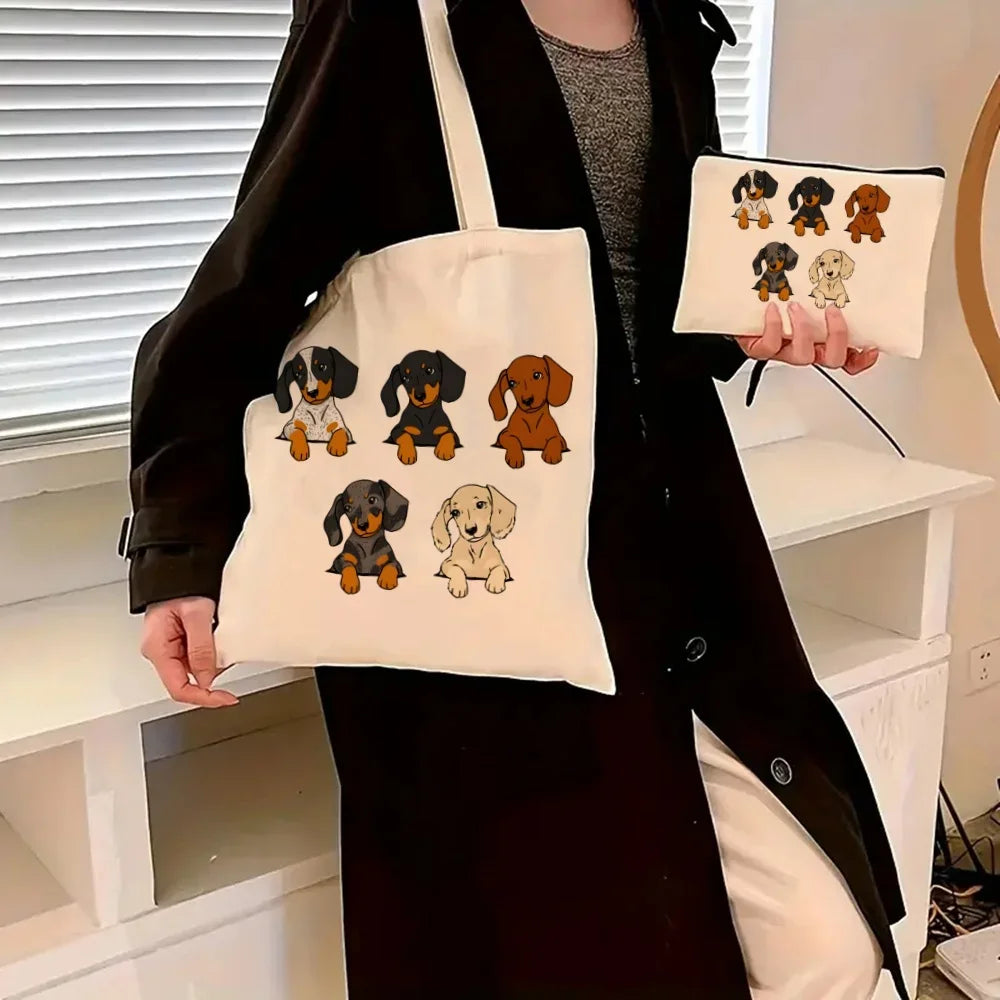 Dachshund Canvas Tote Bag Set – Large Capacity Shoulder Bags for Dog Lovers