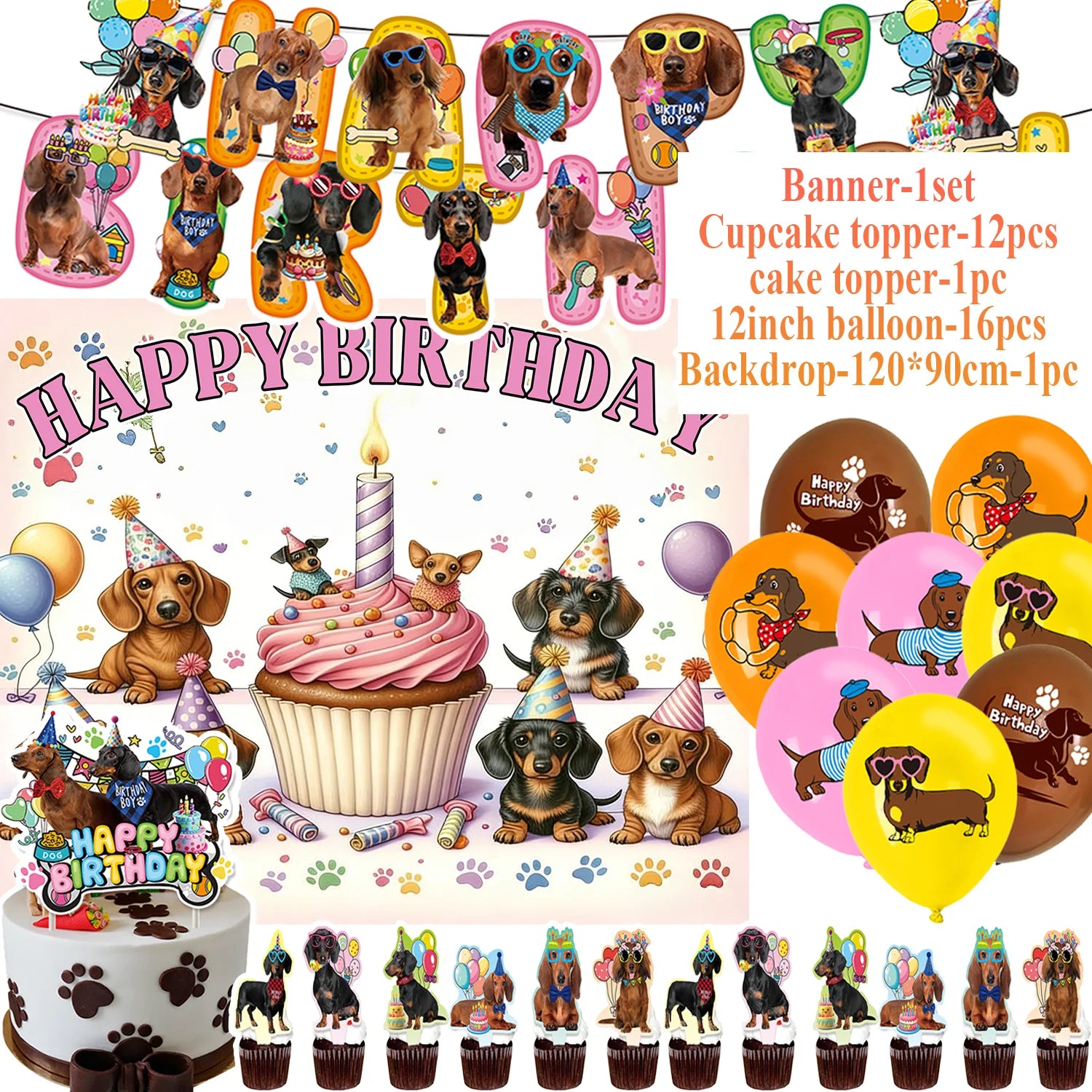Ultimate Dachshund Birthday Party Kit – Balloons, Cake Toppers & Decorations for Sausage Dog Lovers