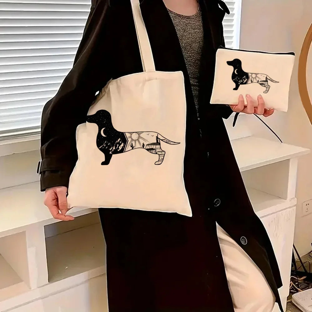 Dachshund Canvas Tote Bag Set – Large Capacity Shoulder Bags for Dog Lovers