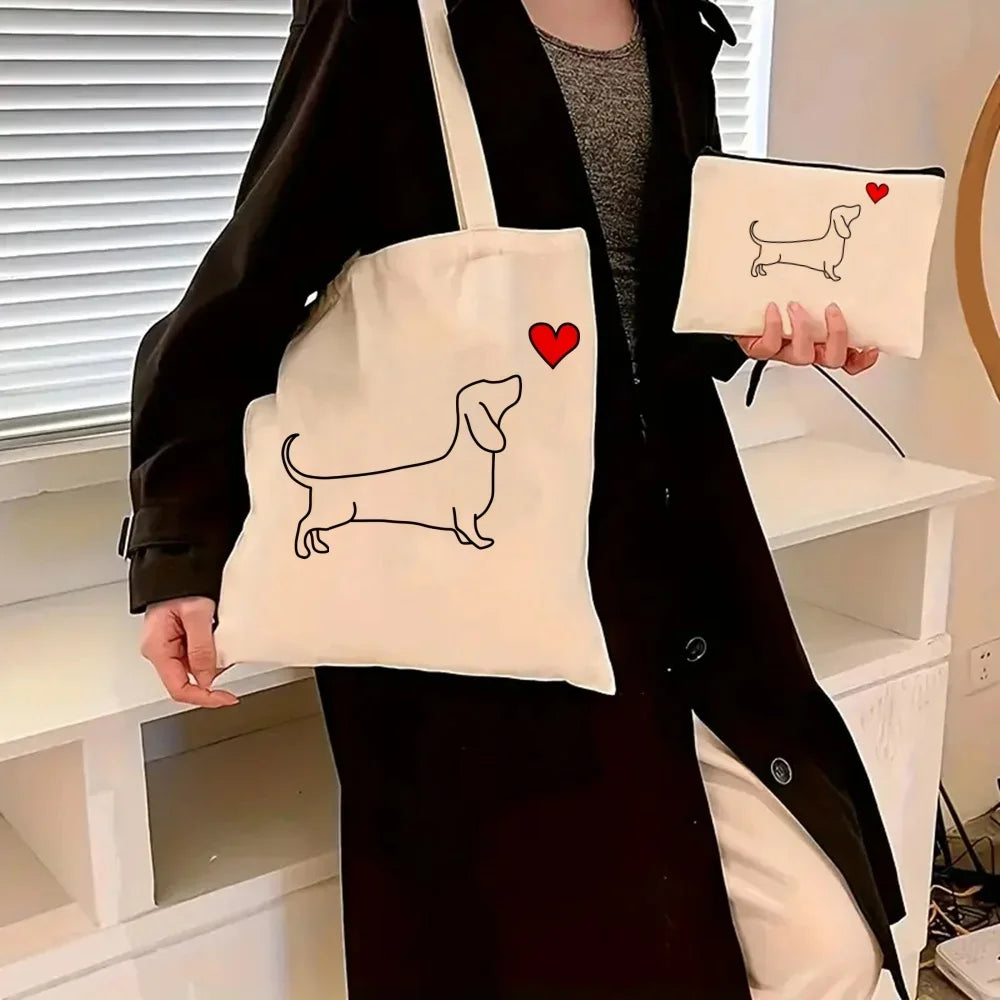 Dachshund Canvas Tote Bag Set – Large Capacity Shoulder Bags for Dog Lovers