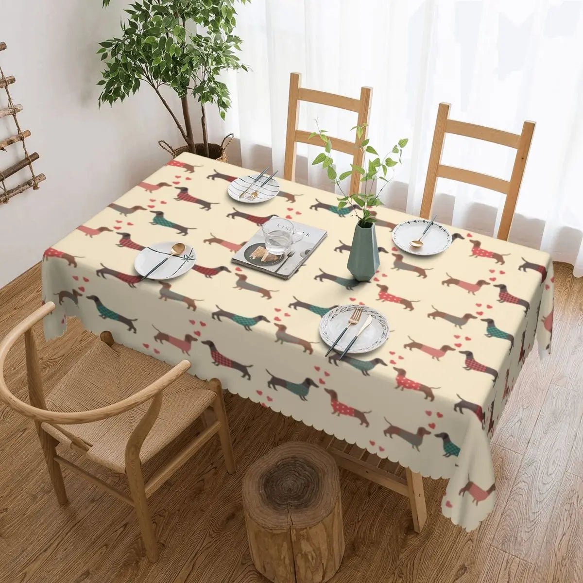 Rectangular Couple Dachshund Dog Pattern With Heart Table Cloth Waterproof Tablecloth Outdoor Table Cover