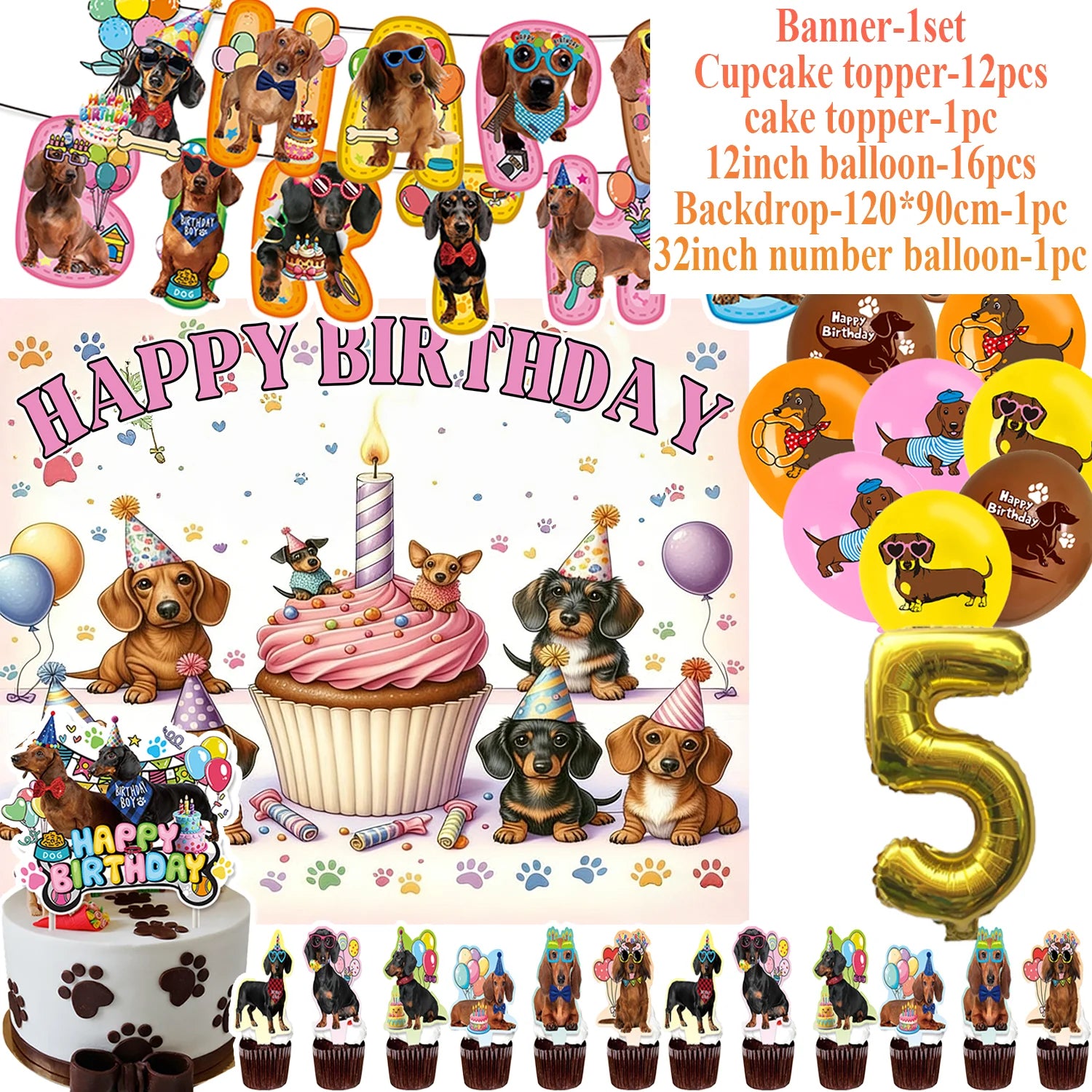 Ultimate Dachshund Birthday Party Kit – Balloons, Cake Toppers & Decorations for Sausage Dog Lovers