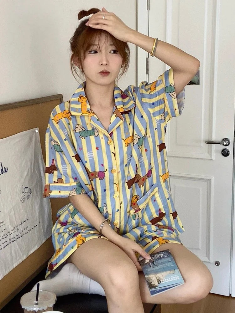 Summer 2026 New Womens PajaCute Dachshund Summer Pajama Set – Soft Short Sleeve Top & Shorts Sleepwear for Dog Loversmas Cute Dachshund Sausage Striped Short Sleeve Tops Shorts Sleepwear Fashion Cute Home Wear