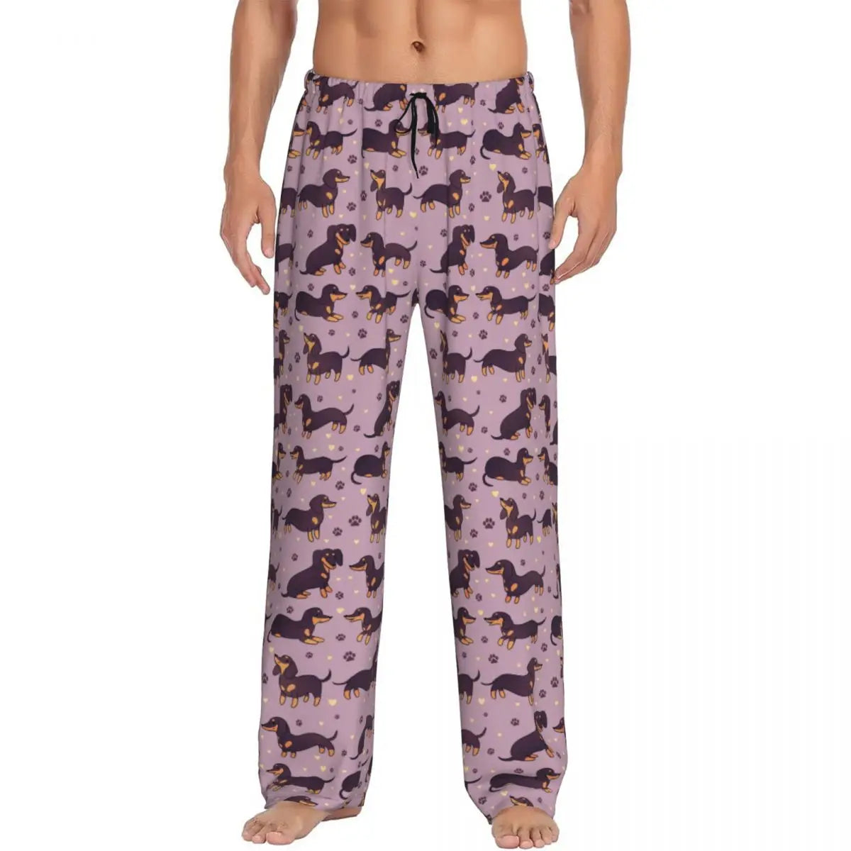 Custom Printed Men's Dachshund Dog Funny Pupy Pajama Pants Wiener Badger Sausage Dog Sleepwear Sleep Lounge Bottoms with Pockets