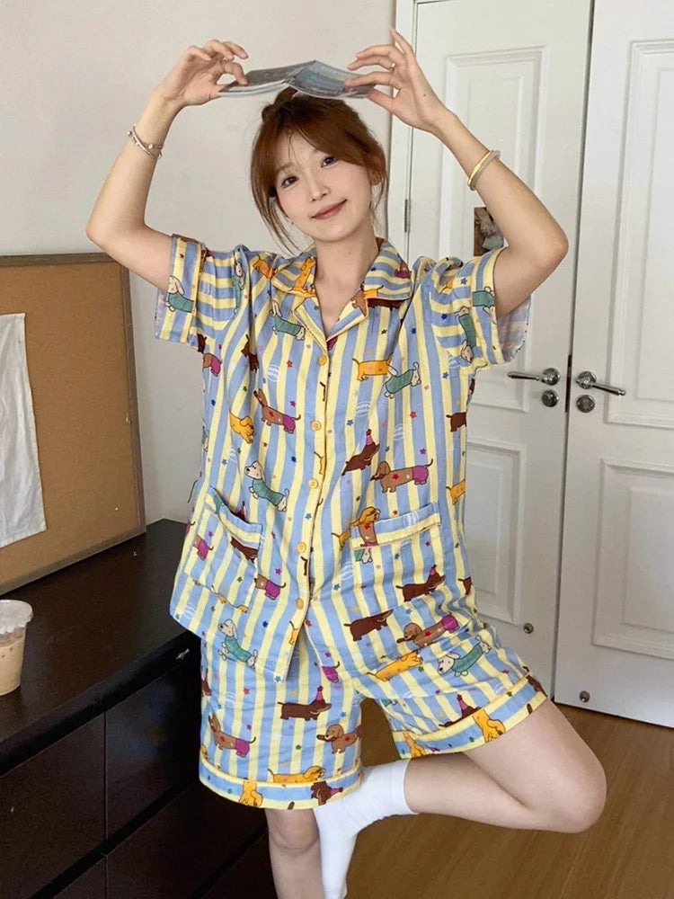Summer 2026 New Womens PajaCute Dachshund Summer Pajama Set – Soft Short Sleeve Top & Shorts Sleepwear for Dog Loversmas Cute Dachshund Sausage Striped Short Sleeve Tops Shorts Sleepwear Fashion Cute Home Wear
