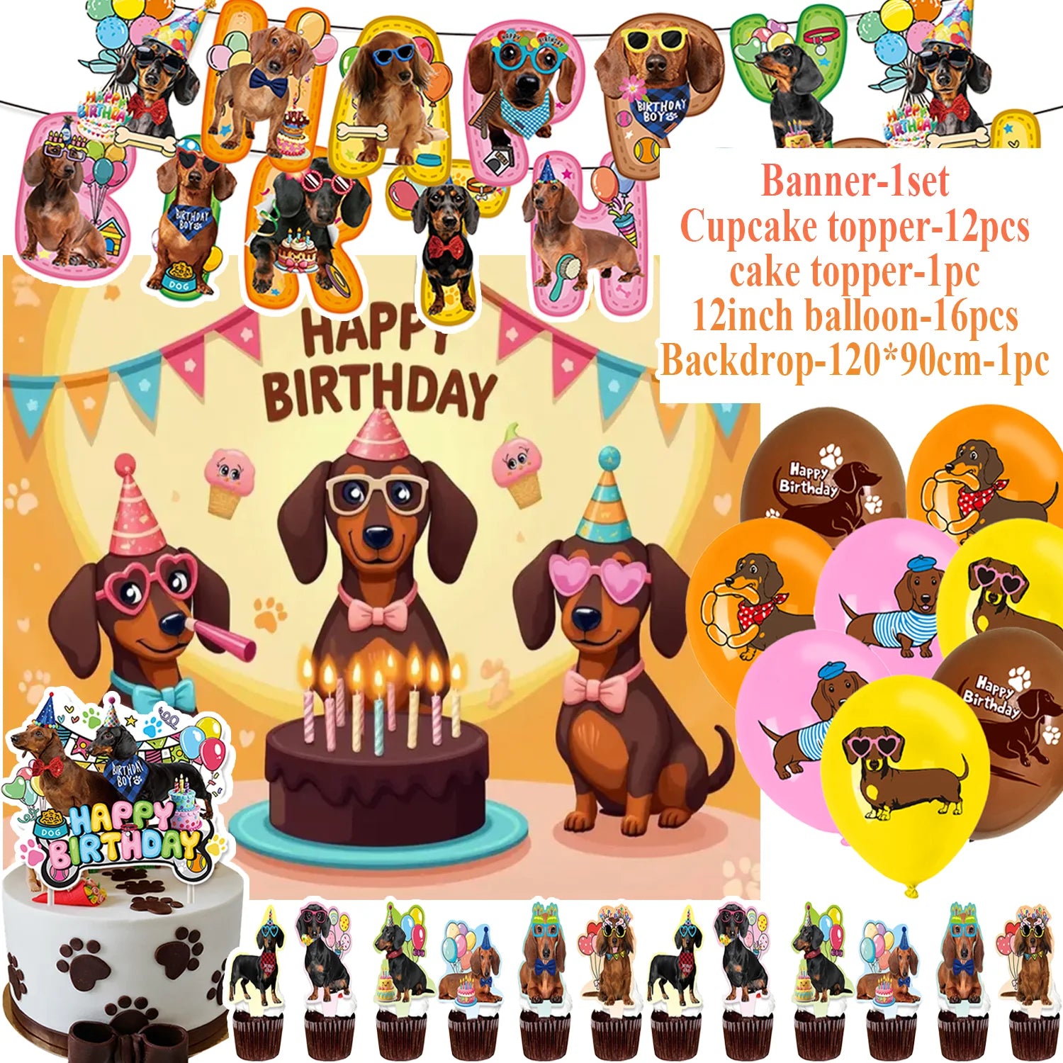Ultimate Dachshund Birthday Party Kit – Balloons, Cake Toppers & Decorations for Sausage Dog Lovers