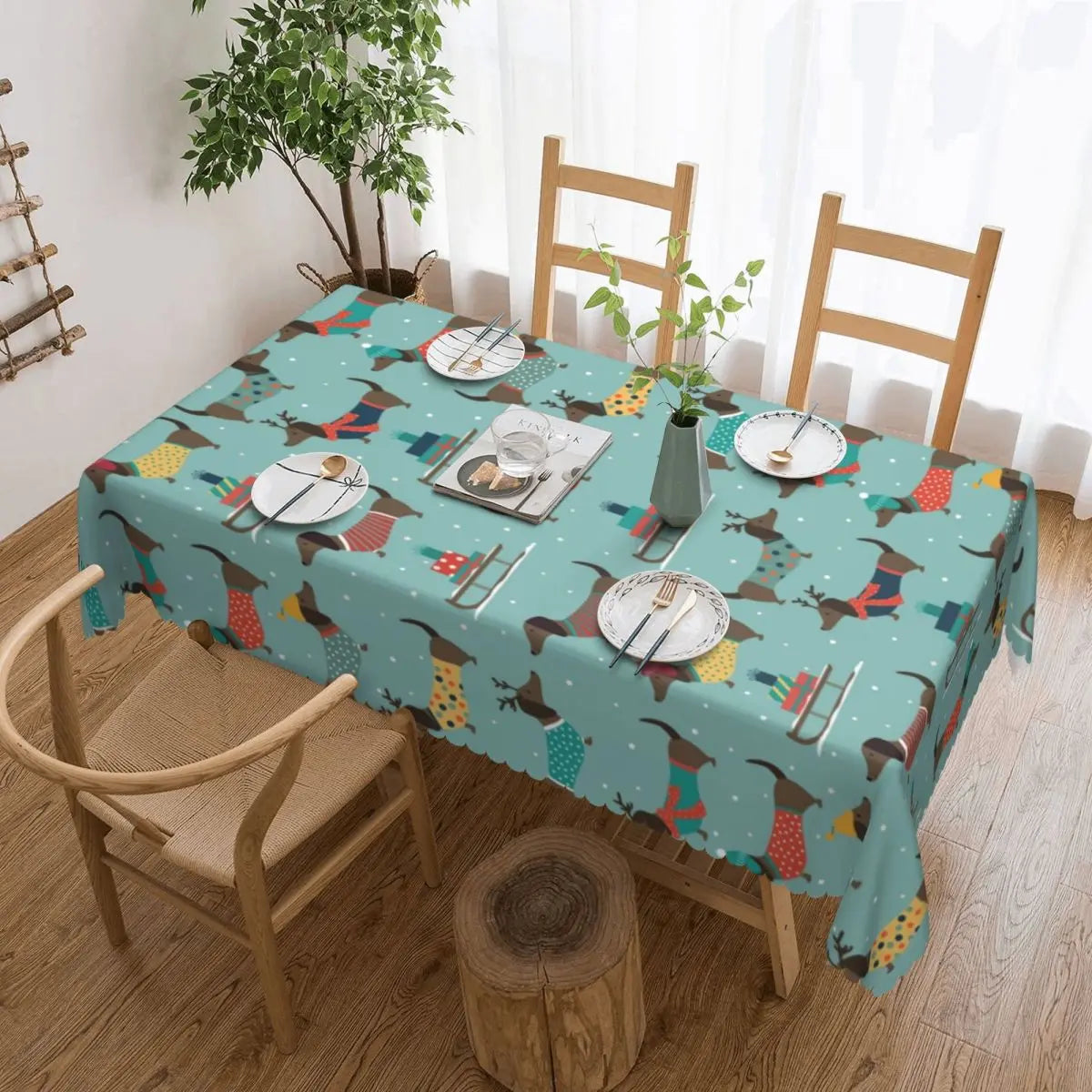 Rectangular Couple Dachshund Dog Pattern With Heart Table Cloth Waterproof Tablecloth Outdoor Table Cover