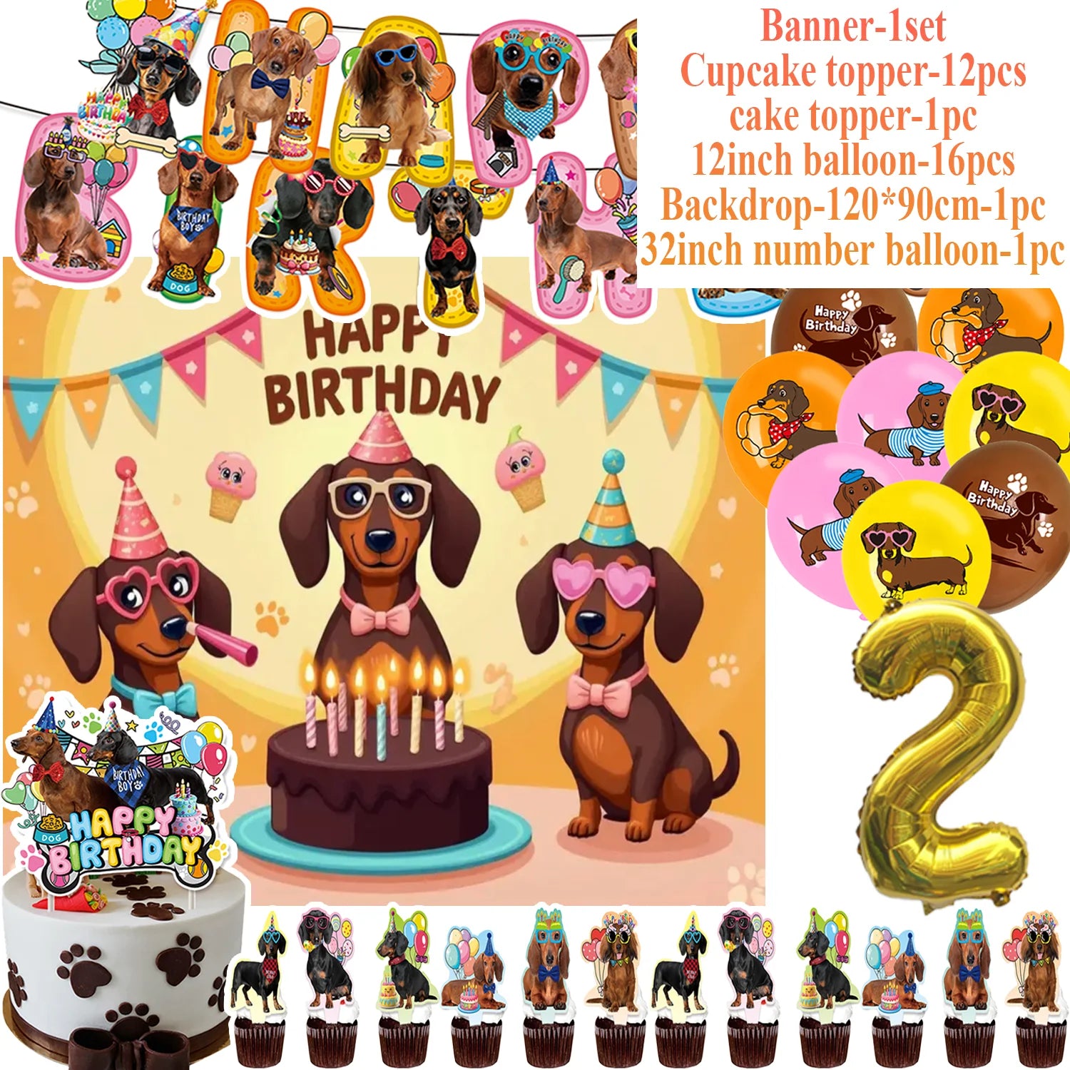 Ultimate Dachshund Birthday Party Kit – Balloons, Cake Toppers & Decorations for Sausage Dog Lovers