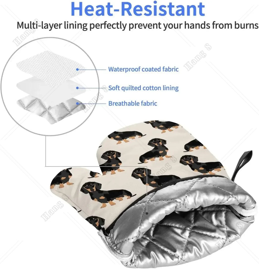 Premium Dachshund Heat-Resistant Oven Mitts – Non-Slip Kitchen Gloves for Cooking, Baking & BBQ Lovers
