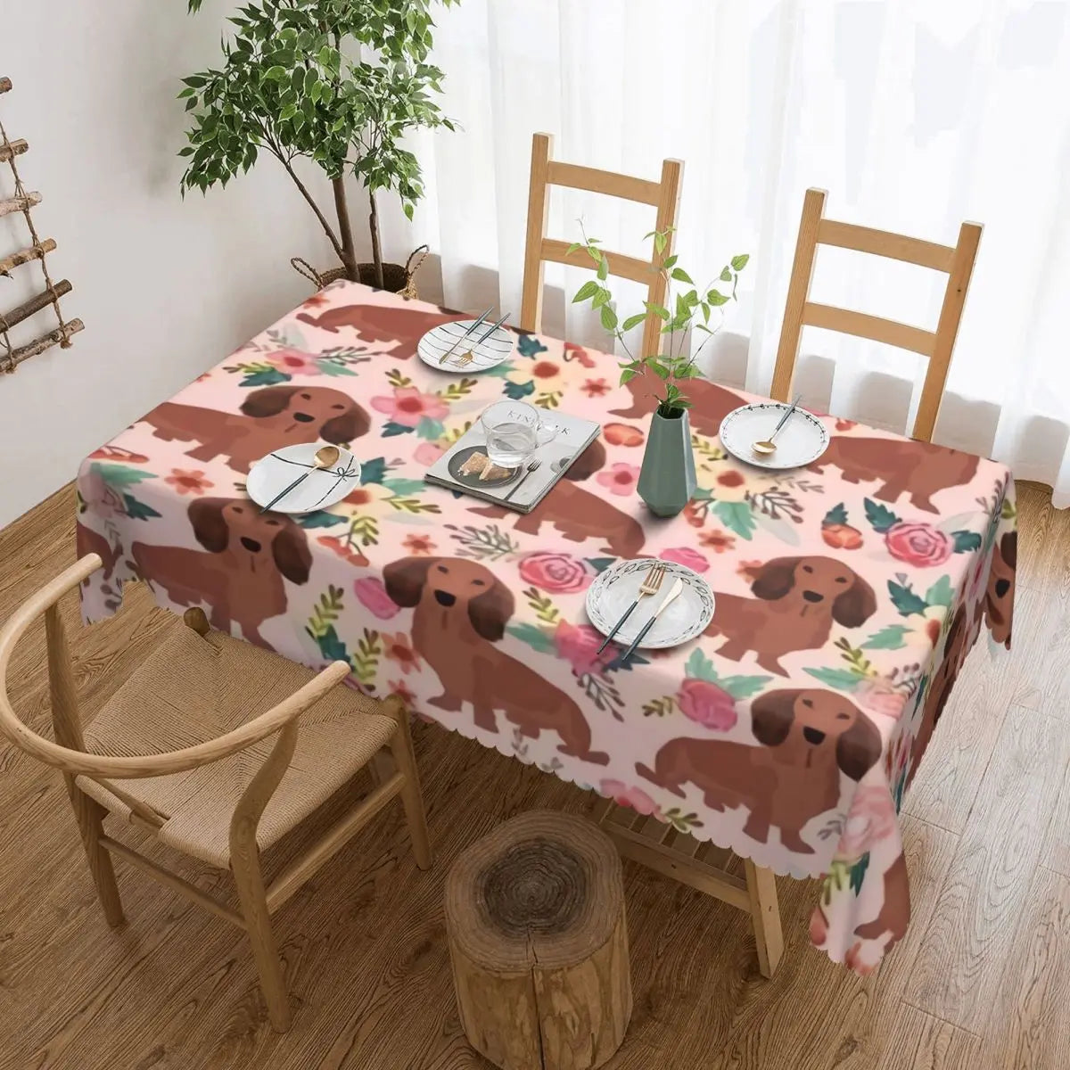 Rectangular Couple Dachshund Dog Pattern With Heart Table Cloth Waterproof Tablecloth Outdoor Table Cover