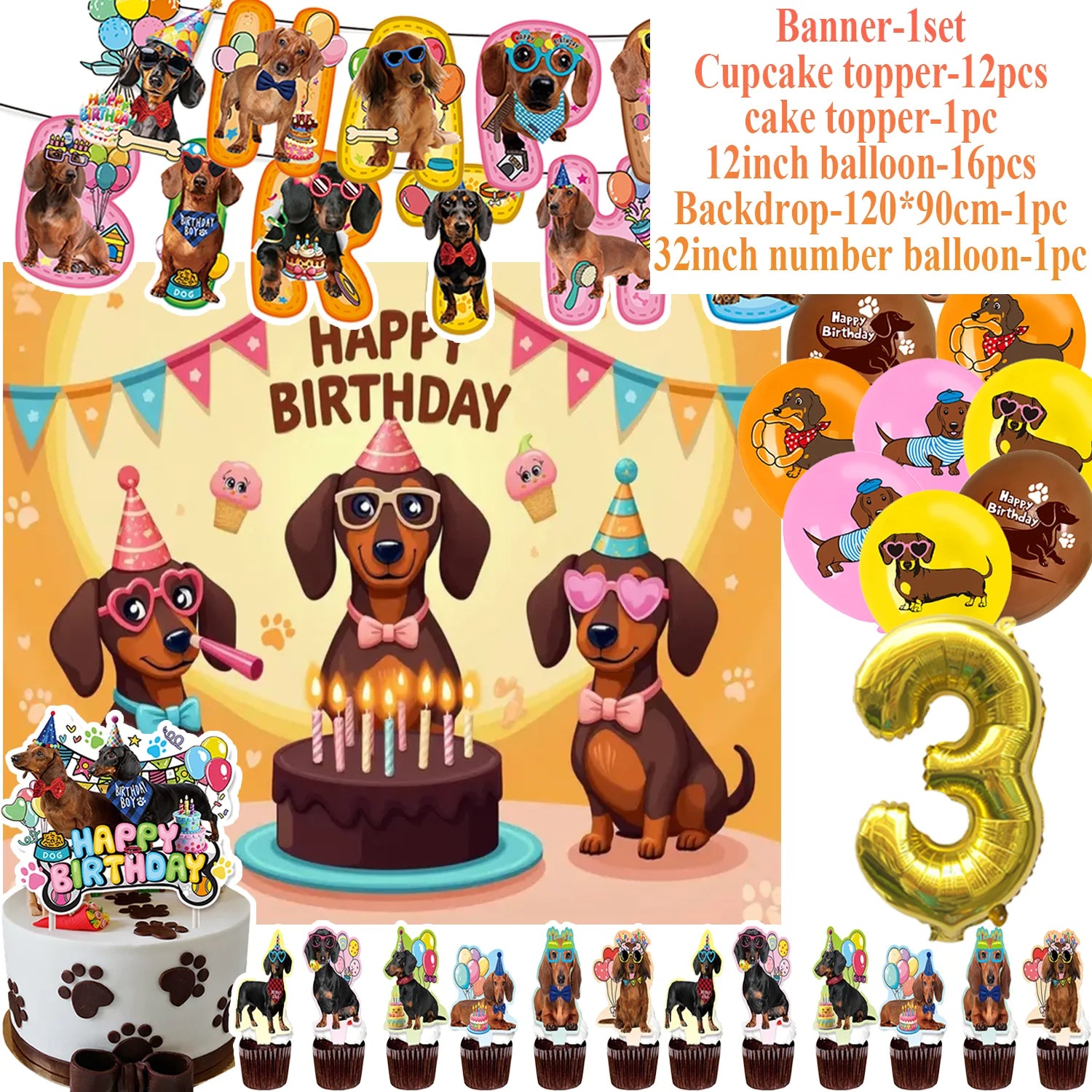 Ultimate Dachshund Birthday Party Kit – Balloons, Cake Toppers & Decorations for Sausage Dog Lovers