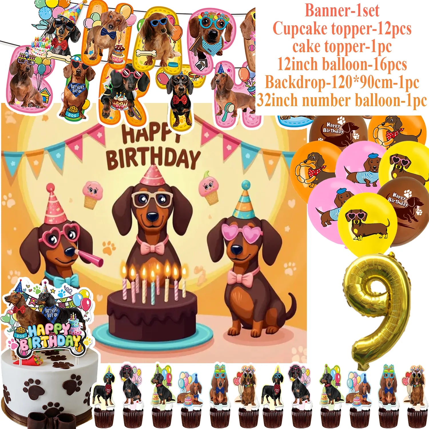 Ultimate Dachshund Birthday Party Kit – Balloons, Cake Toppers & Decorations for Sausage Dog Lovers