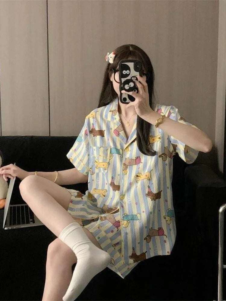Summer 2026 New Womens PajaCute Dachshund Summer Pajama Set – Soft Short Sleeve Top & Shorts Sleepwear for Dog Loversmas Cute Dachshund Sausage Striped Short Sleeve Tops Shorts Sleepwear Fashion Cute Home Wear