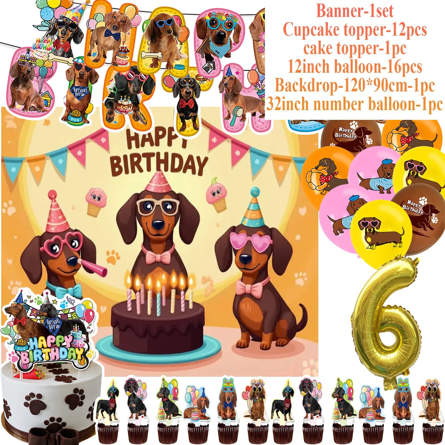 Ultimate Dachshund Birthday Party Kit – Balloons, Cake Toppers & Decorations for Sausage Dog Lovers