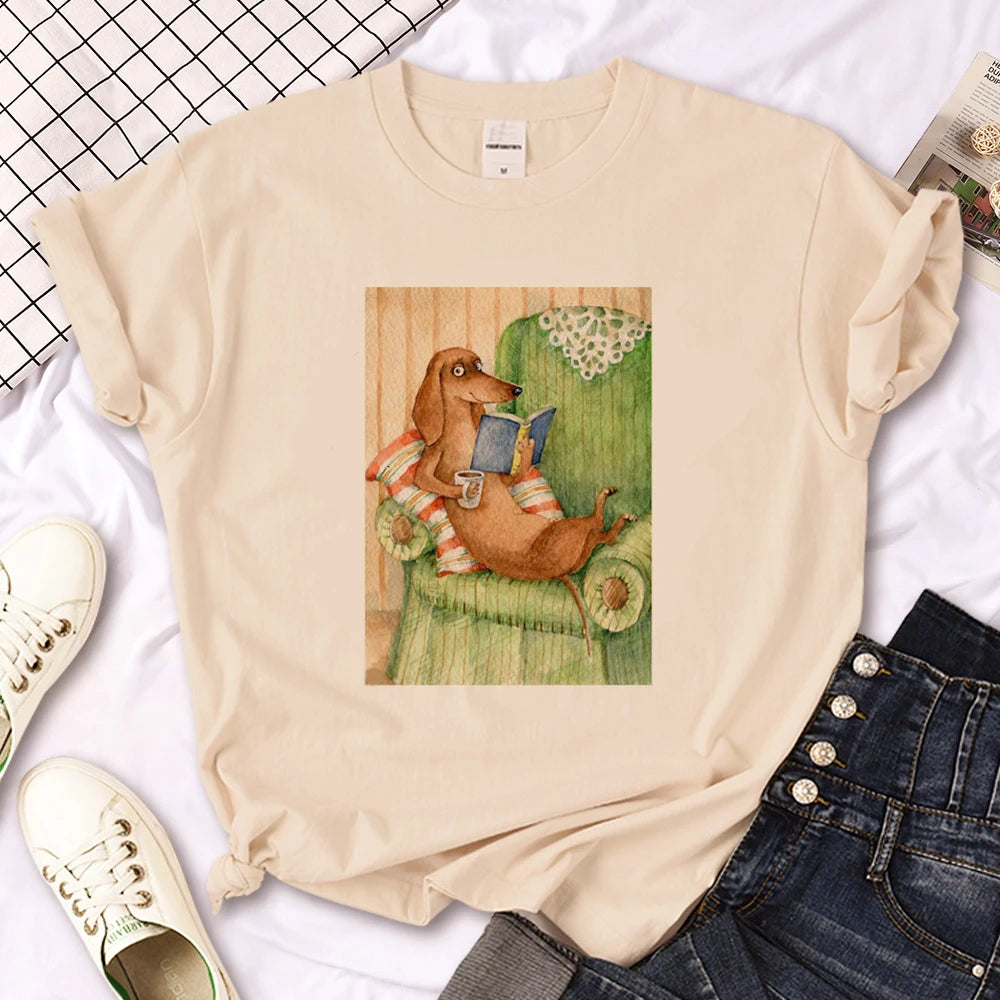 Vintage Dachshund Graphic T-Shirt for Women | Soft Casual Tee for Sausage Dog Lovers