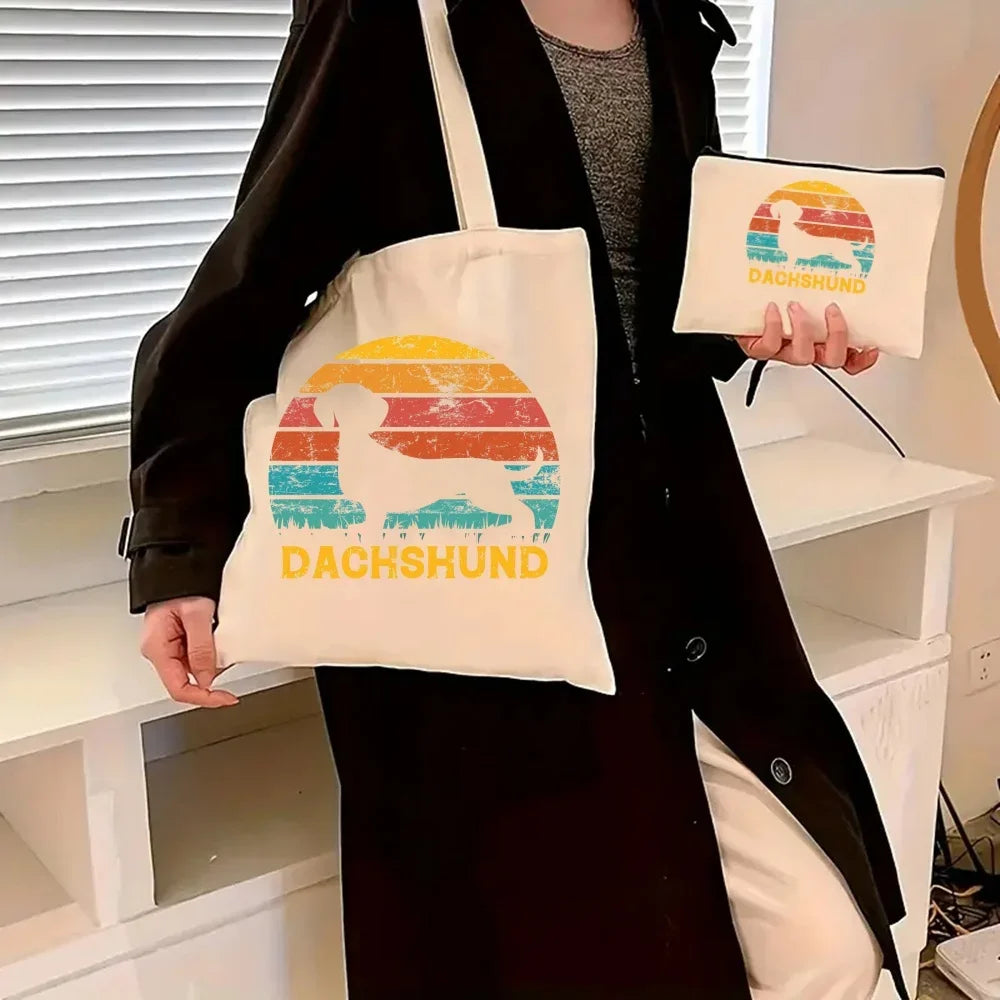 Dachshund Canvas Tote Bag Set – Large Capacity Shoulder Bags for Dog Lovers