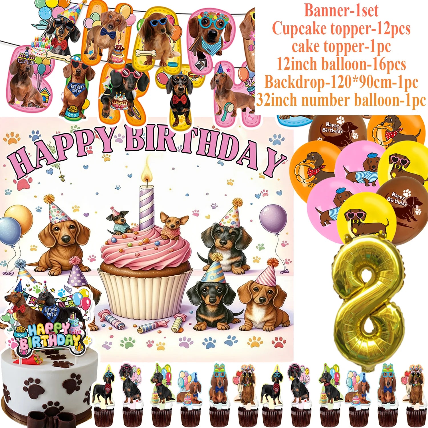 Ultimate Dachshund Birthday Party Kit – Balloons, Cake Toppers & Decorations for Sausage Dog Lovers