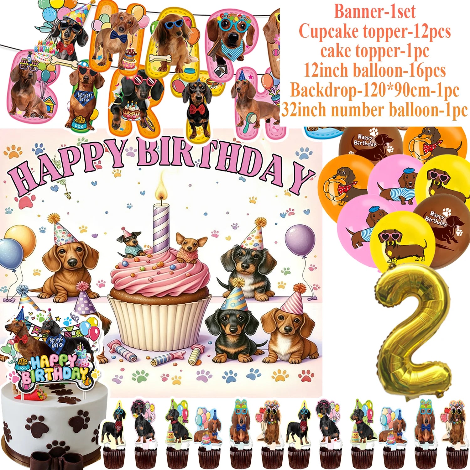 Ultimate Dachshund Birthday Party Kit – Balloons, Cake Toppers & Decorations for Sausage Dog Lovers