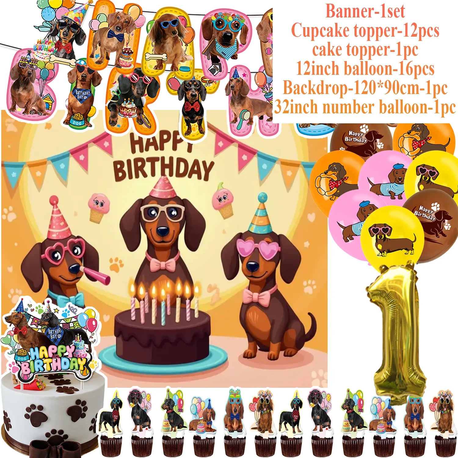 Ultimate Dachshund Birthday Party Kit – Balloons, Cake Toppers & Decorations for Sausage Dog Lovers