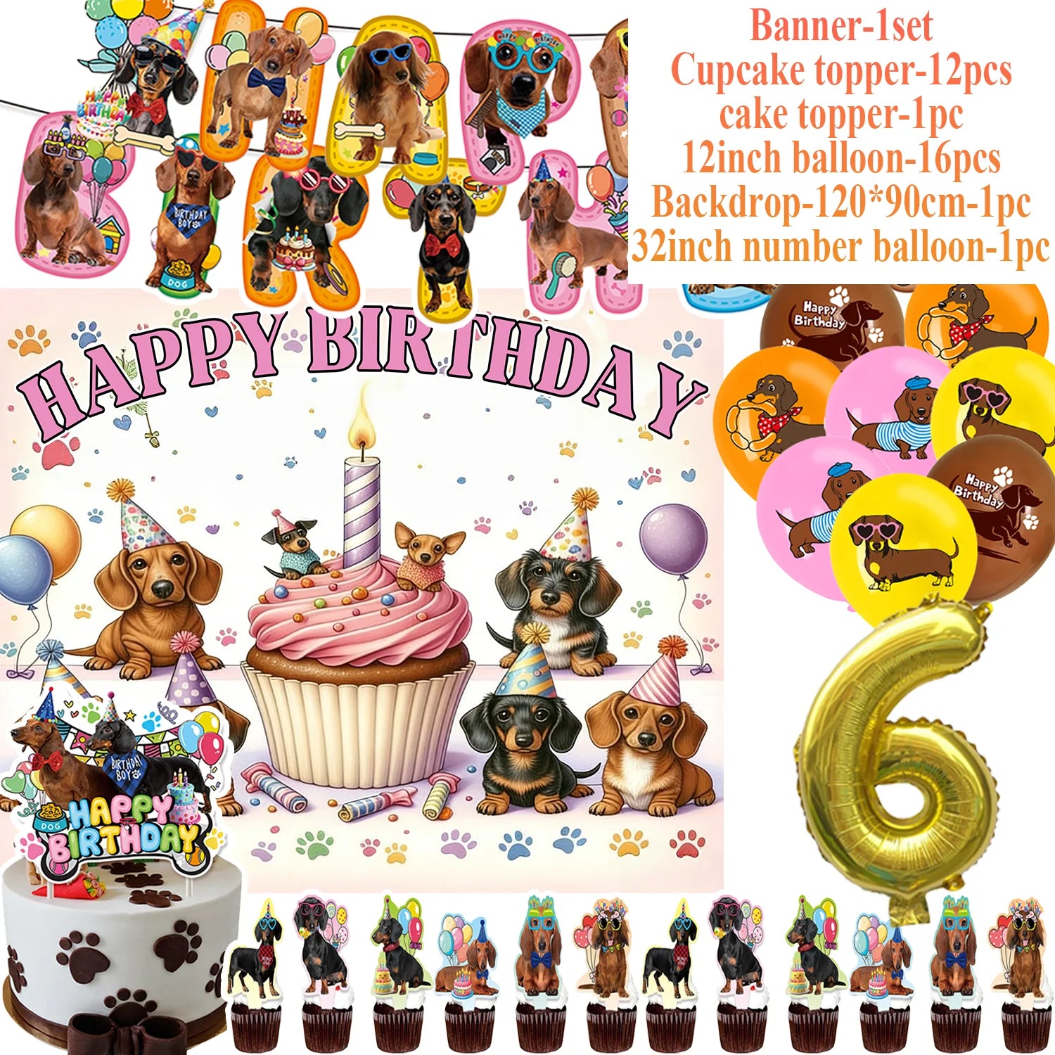 Ultimate Dachshund Birthday Party Kit – Balloons, Cake Toppers & Decorations for Sausage Dog Lovers